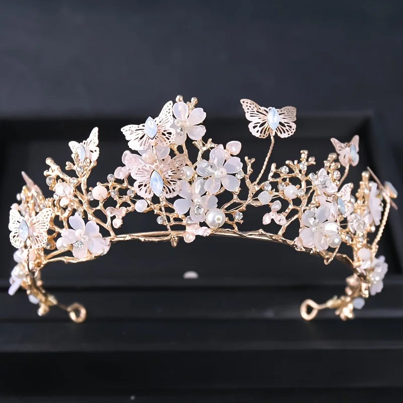 Pearl Rhinestone  Flower Butterfly Princess Crown